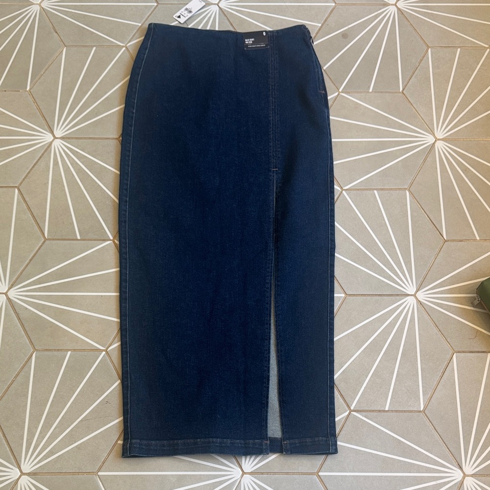 Express Dark Blue Denim Pencil Maxi Skirt with Front Slit NWT SZ 0